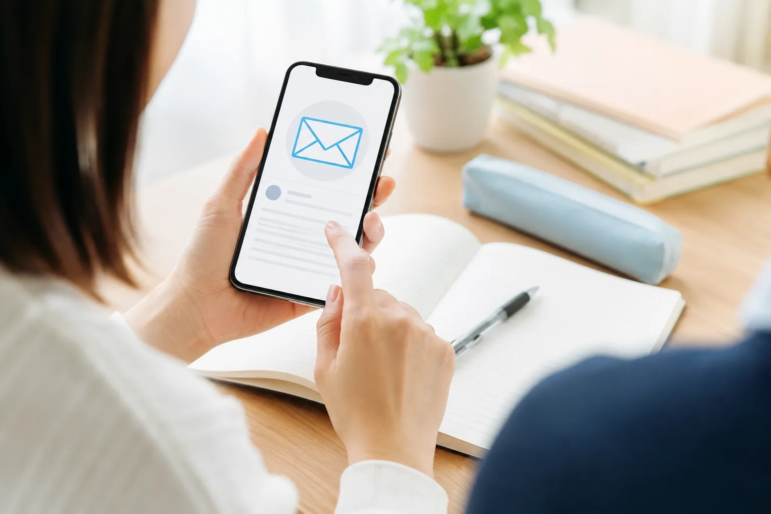 授業報告システムからのお知らせをスマートフォンで確認する様子